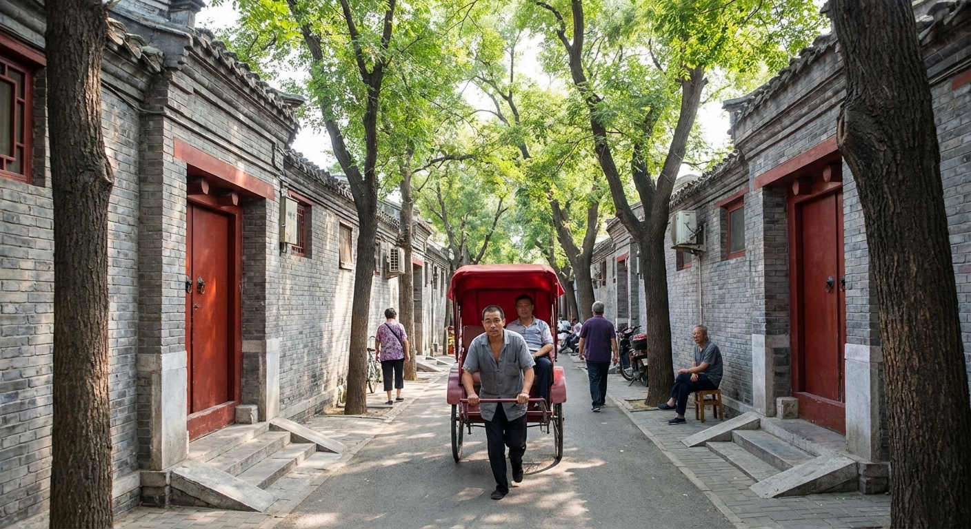 Traditional Beijing hutong with rickshaw
