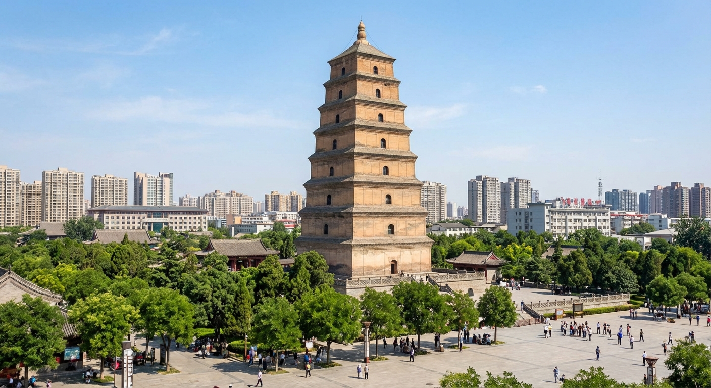 Giant Wild Goose Pagoda aerial view with Xi'an city skyline