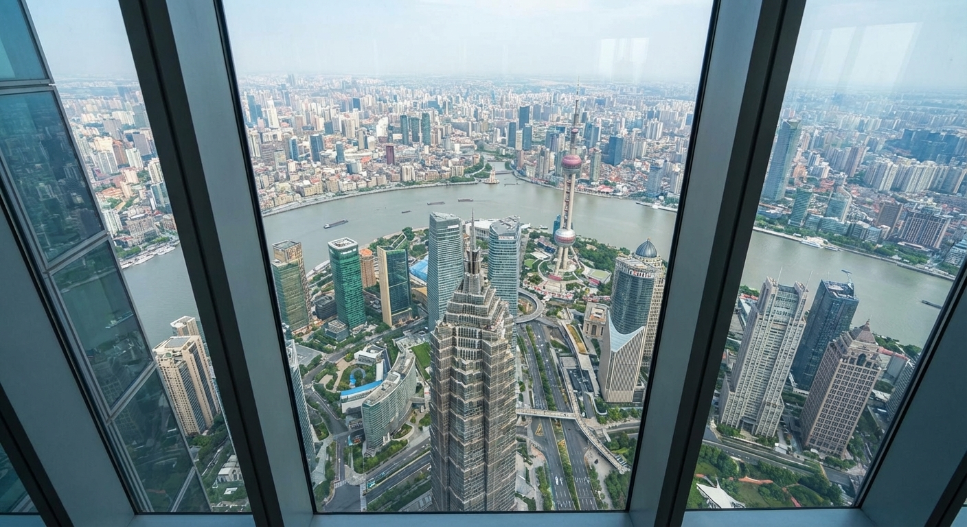 View from Shanghai Tower observation deck looking down over Pudong skyline